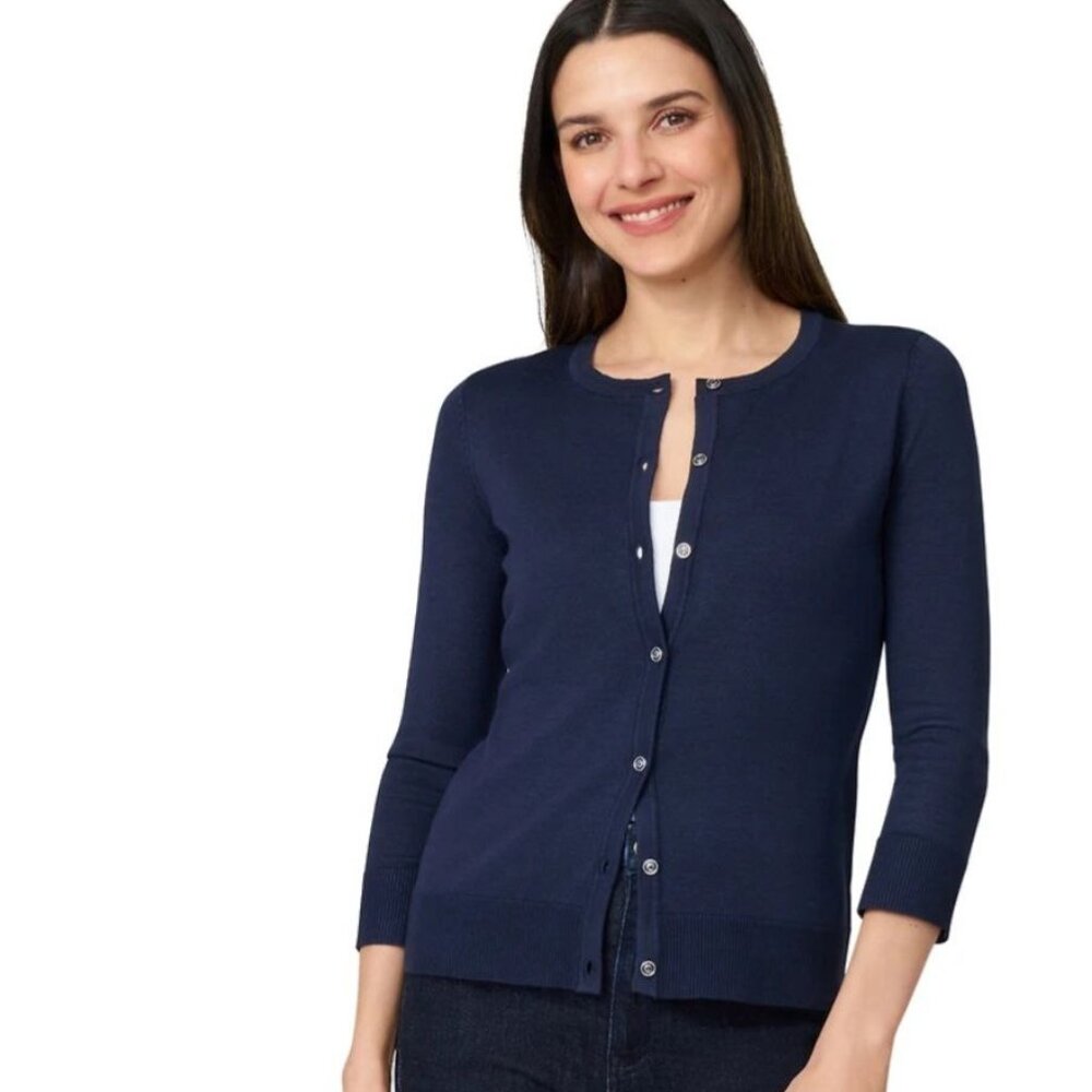Melissa Paige Crewneck 3/4-Sleeve Cardigan Sweater Navy Blue Size M #M3